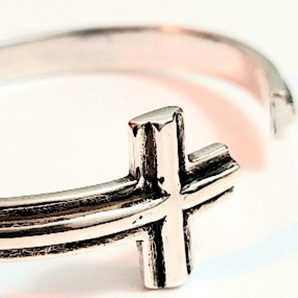 Cross Sterling Silver Bangle Cuff Minimalist Bracelet - Picture 5 of 6